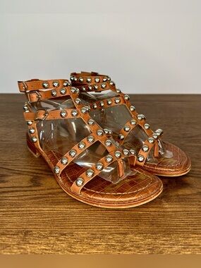 Sam Edelman Eavan Studded Gladiator Sandal in Brown/Silver Size 6.5